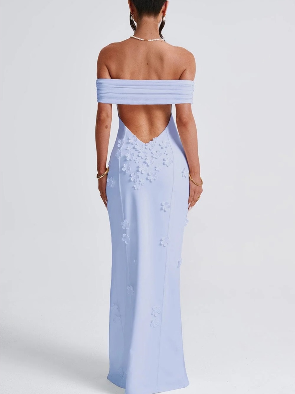 Backless Off-Shoulder Light Blue Evening Gown with Floral Appliqué